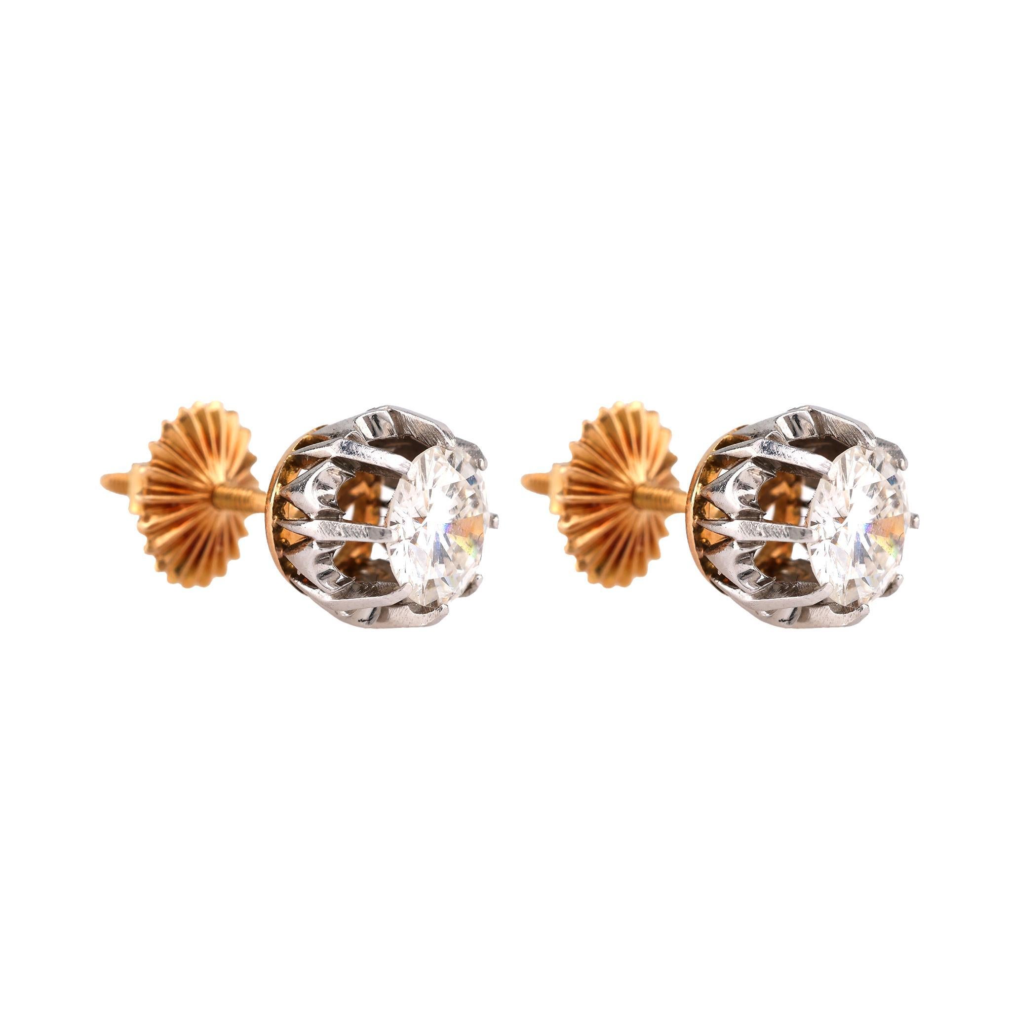 Brilliant Cut Edwardian Style Diamond Yellow Gold Stud Earrings For Sale