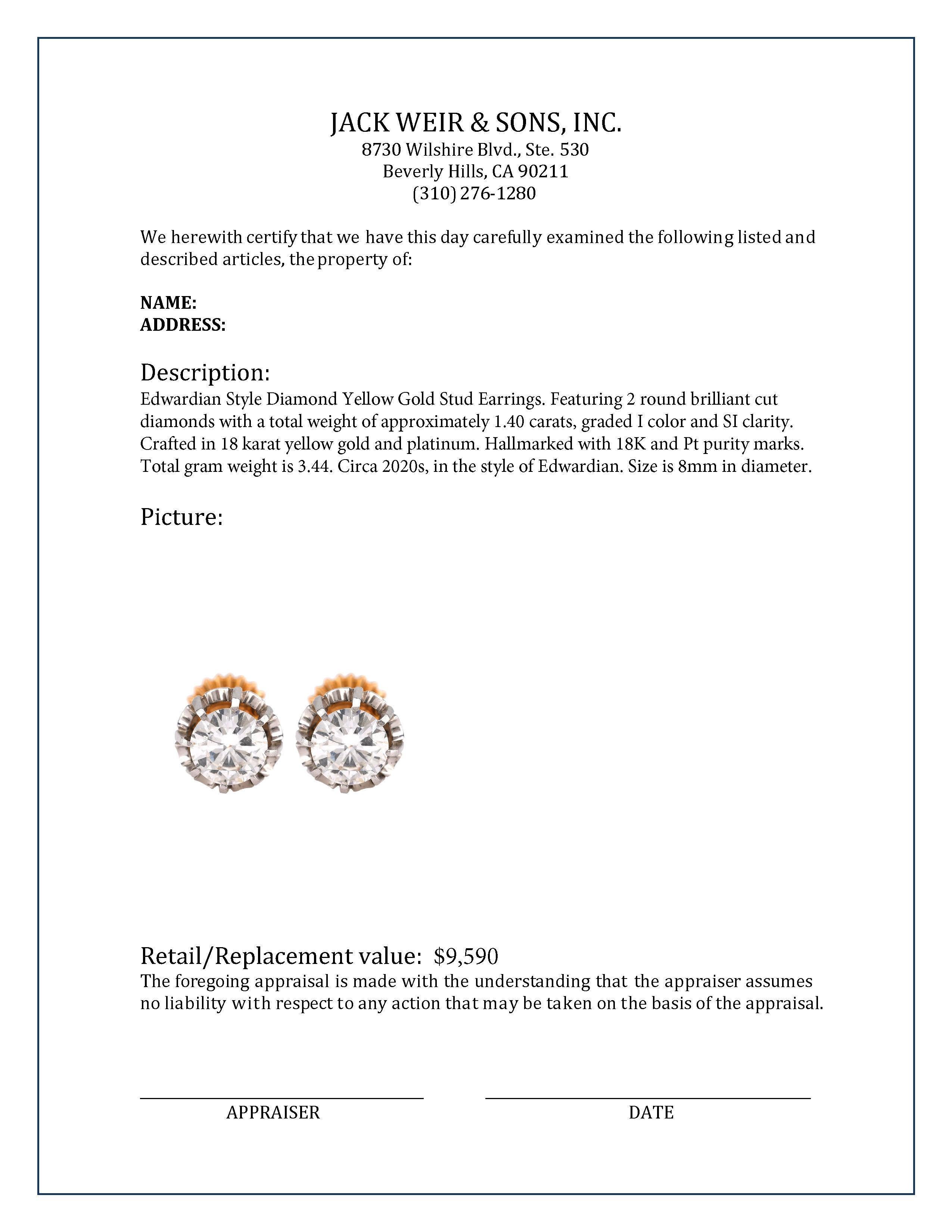 Women's or Men's Edwardian Style Diamond Yellow Gold Stud Earrings For Sale