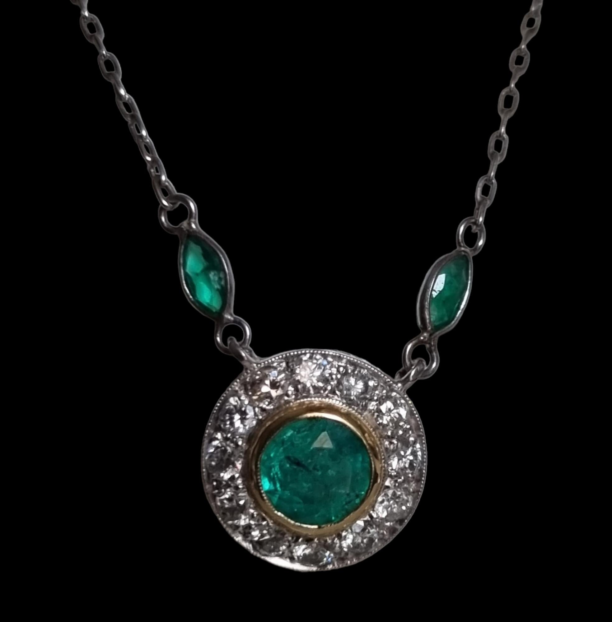 Square Cut Edwardian Style Emerald and Diamond Pendant & Chain For Sale