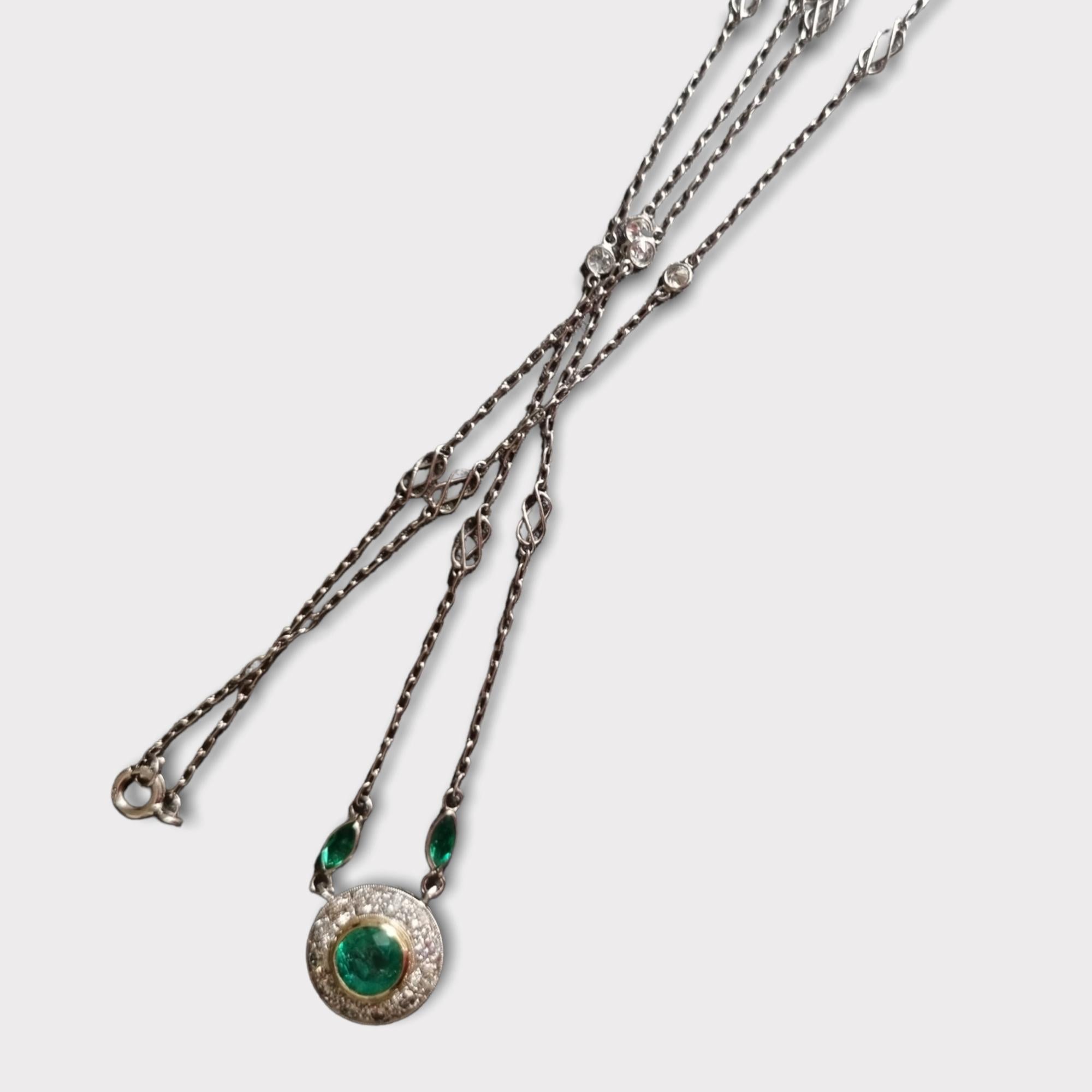 Edwardian Style Emerald and Diamond Pendant & Chain For Sale 1