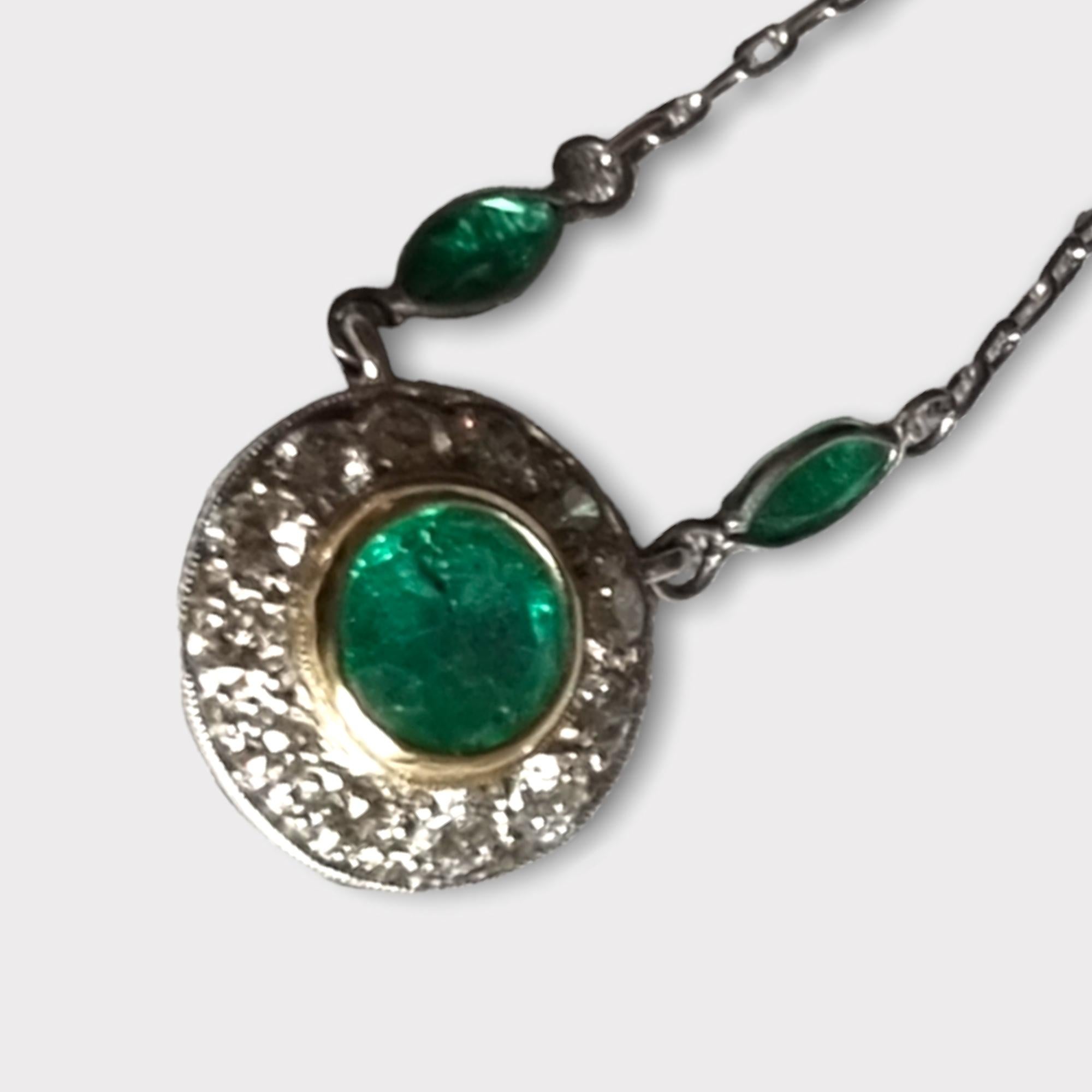 Edwardian Style Emerald and Diamond Pendant & Chain For Sale 4