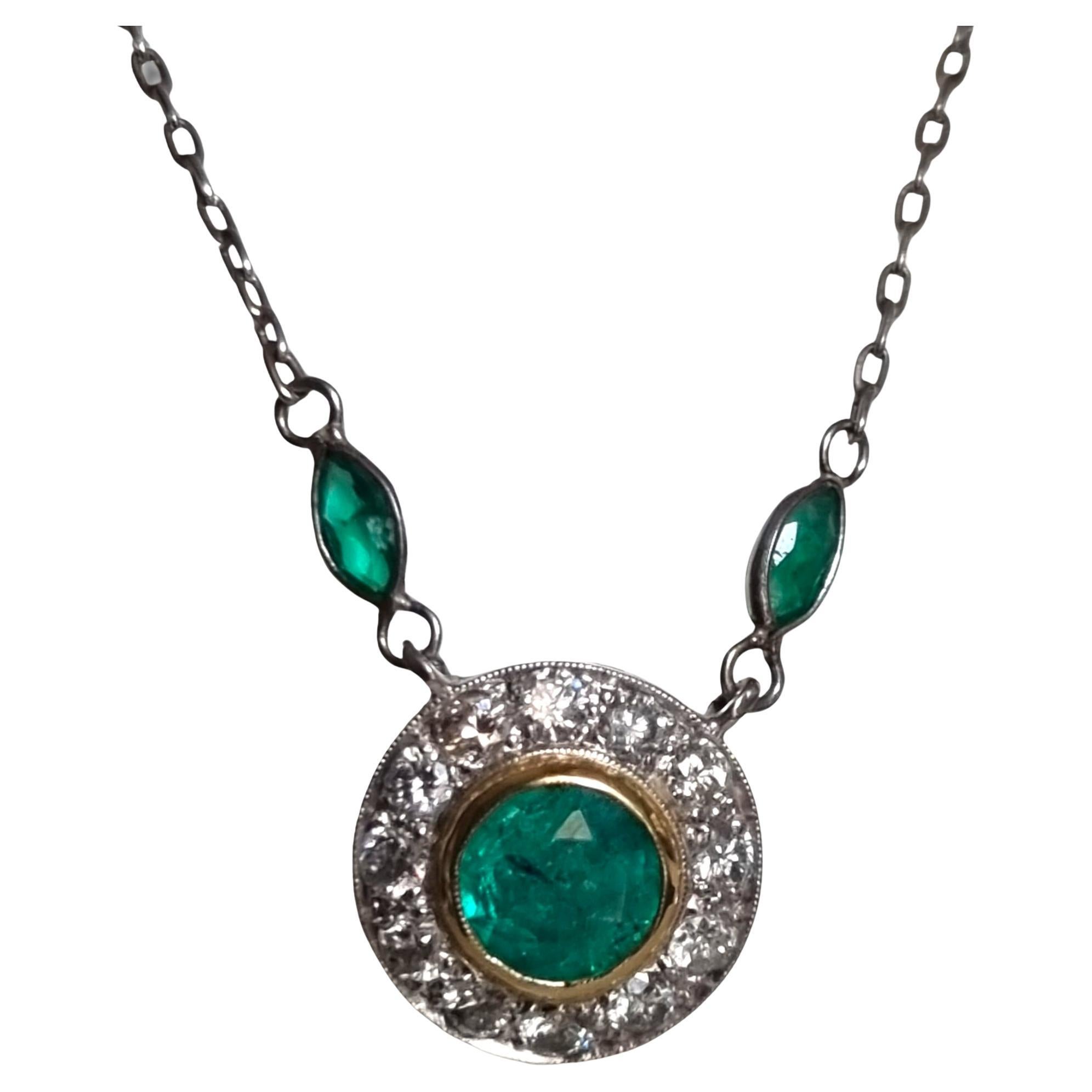 Edwardian Style Emerald and Diamond Pendant & Chain For Sale