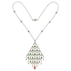 Edwardian Style Emerald Diamond Conch Pearl Pendant Necklace海螺珠