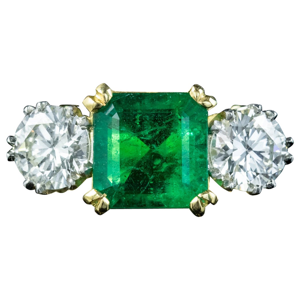 Edwardian Style Emerald Diamond Trilogy Ring 3.39ct Emerald 1.95ct Diamond For Sale
