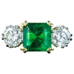 Edwardian Style Emerald Diamond Trilogy Ring 3.39ct Emerald 1.95ct Diamond