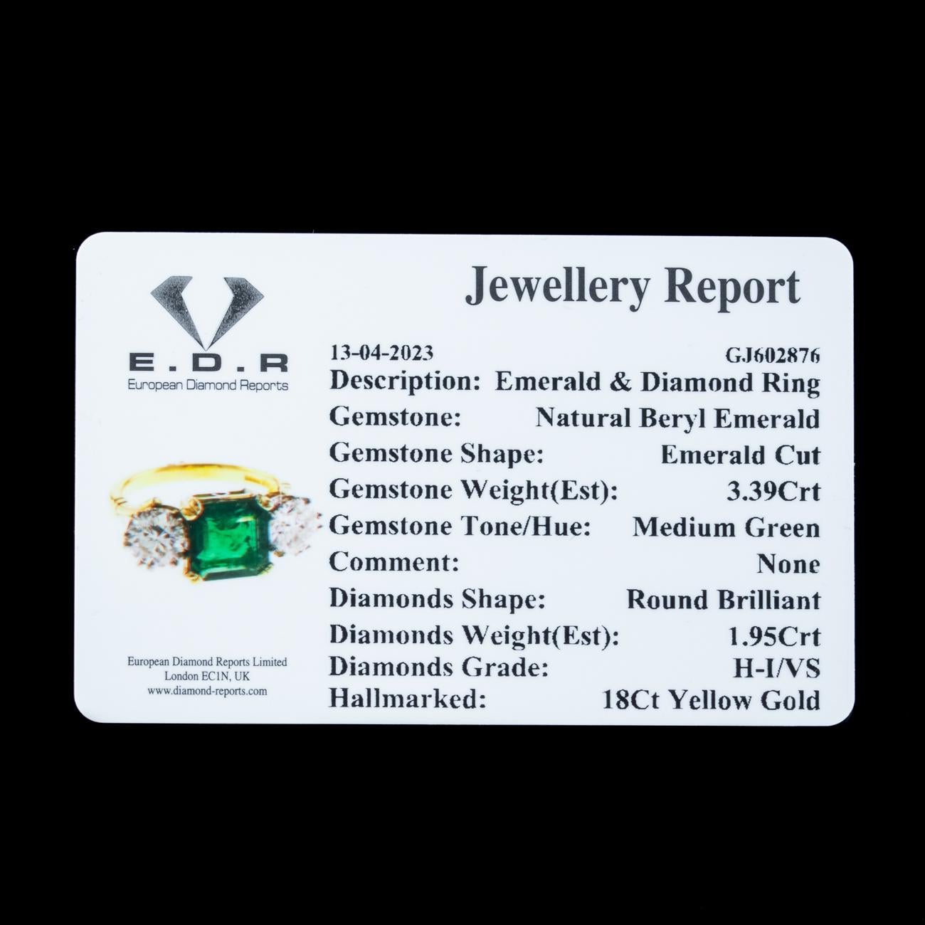Edwardian Style Emerald Diamond Trilogy Ring 3.39ct Emerald 1.95ct Diamond  For Sale 5