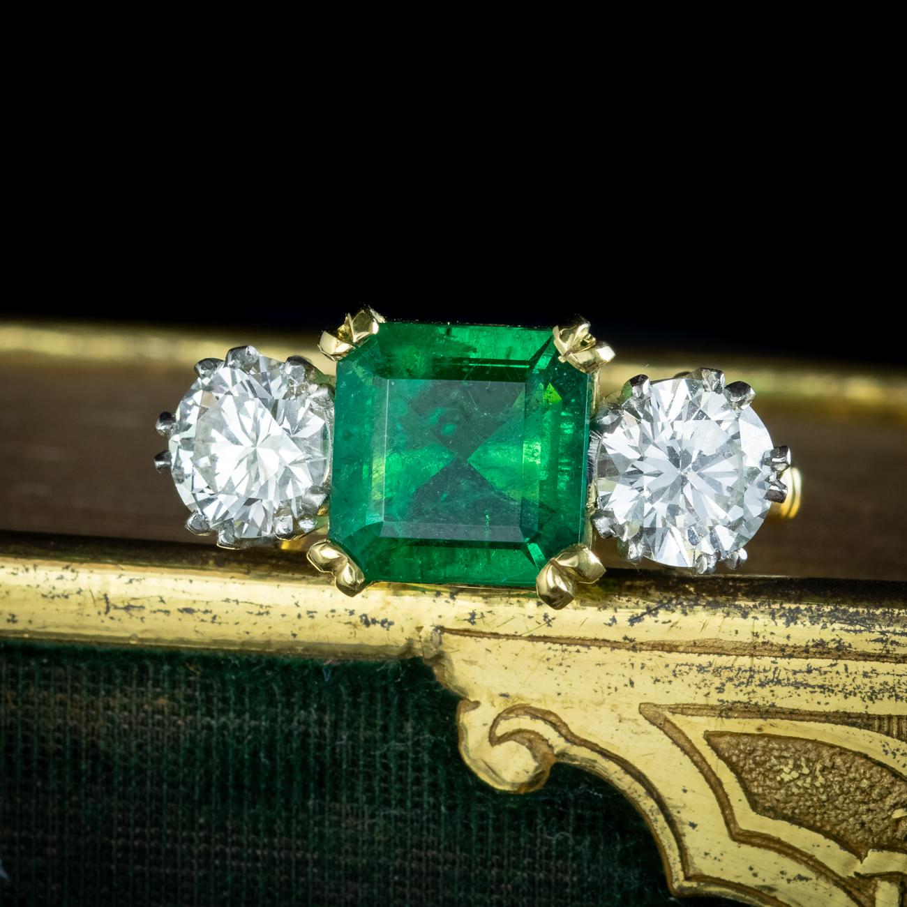 Edwardian Style Emerald Diamond Trilogy Ring 3.39ct Emerald 1.95ct Diamond  For Sale 6