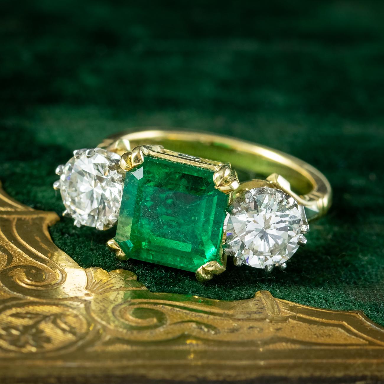 Edwardian Style Emerald Diamond Trilogy Ring 3.39ct Emerald 1.95ct Diamond  For Sale 7