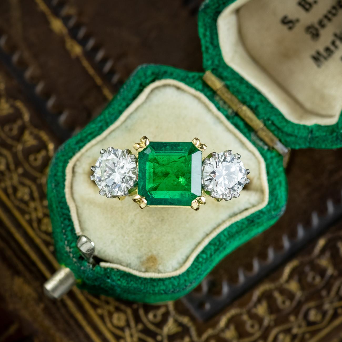 Edwardian Style Emerald Diamond Trilogy Ring 3.39ct Emerald 1.95ct Diamond  For Sale 8