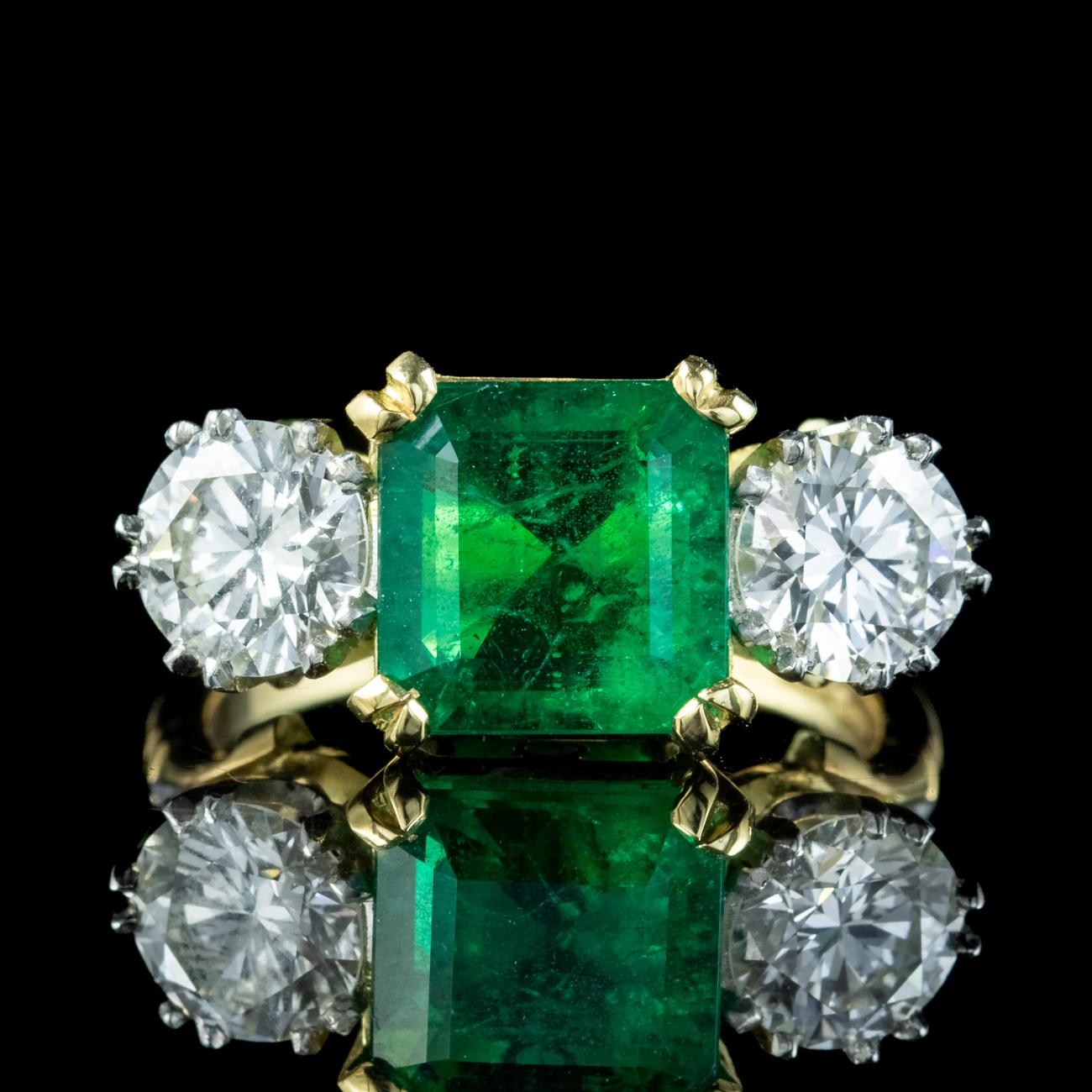 Emerald Cut Edwardian Style Emerald Diamond Trilogy Ring 3.39ct Emerald 1.95ct Diamond  For Sale