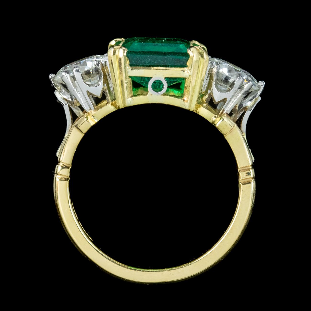 Edwardian Style Emerald Diamond Trilogy Ring 3.39ct Emerald 1.95ct Diamond  For Sale 1