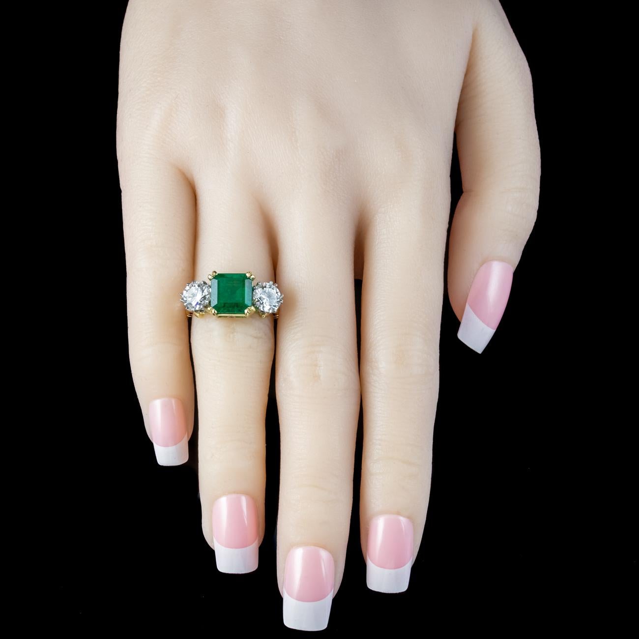 Edwardian Style Emerald Diamond Trilogy Ring 3.39ct Emerald 1.95ct Diamond  For Sale 3