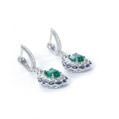 Edwardian Style Emerald, Sapphire and Diamond Cluster Drop Earrings