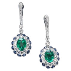Edwardian Style Emerald, Sapphire and Diamond Cluster Drop Earrings