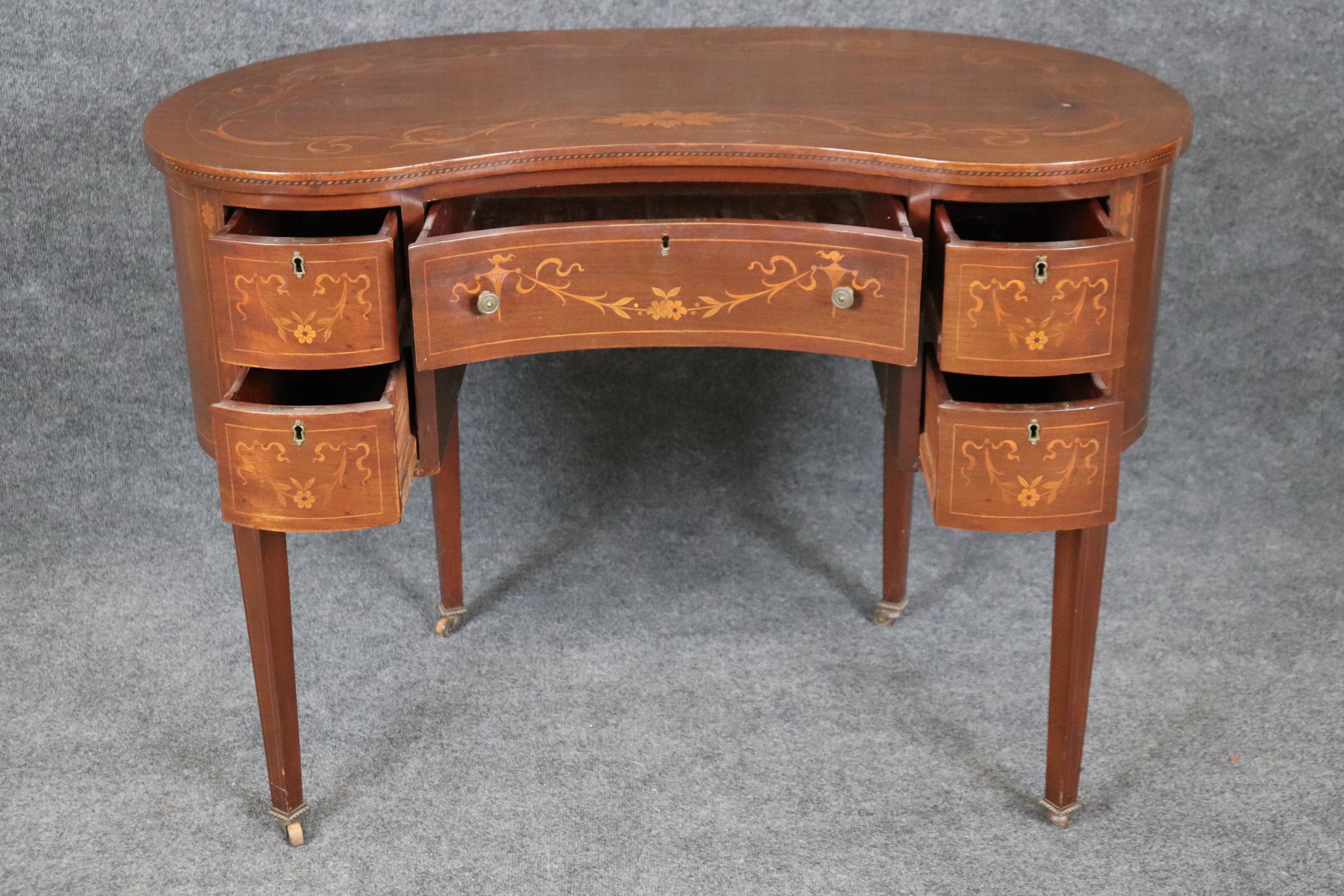 Edwardian Style Inlaid Walnut Chinoiserie Style Top Desk In Good Condition For Sale In Swedesboro, NJ