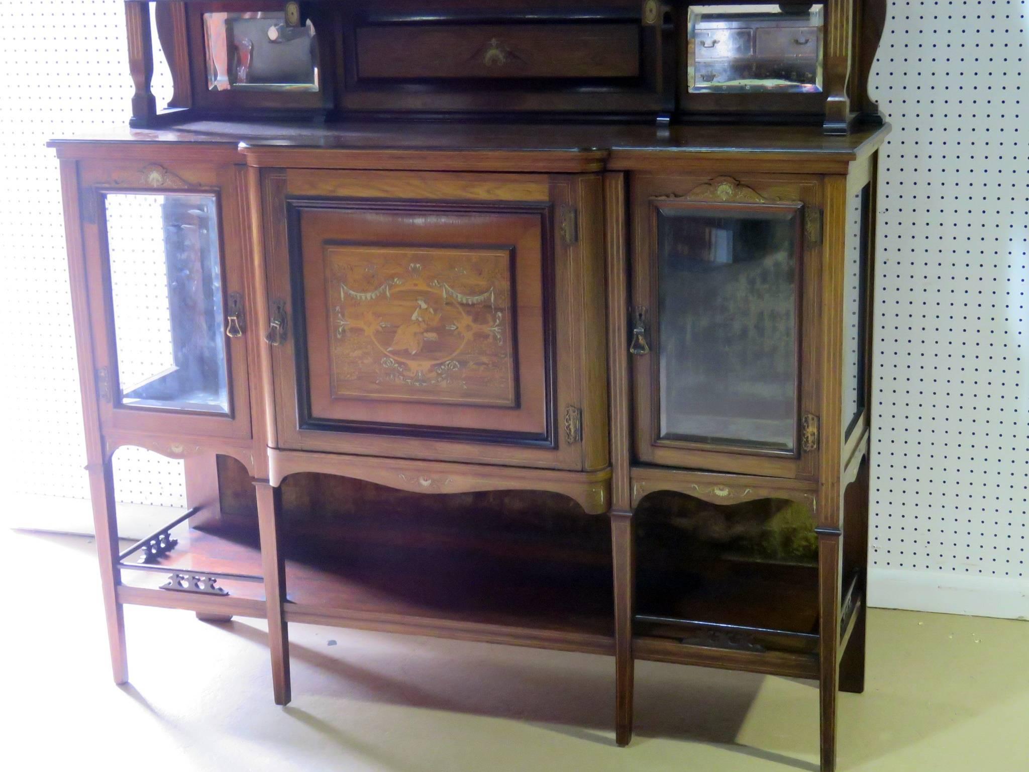 American Edwardian Style Inlaid Sideboard with Superstructure For Sale