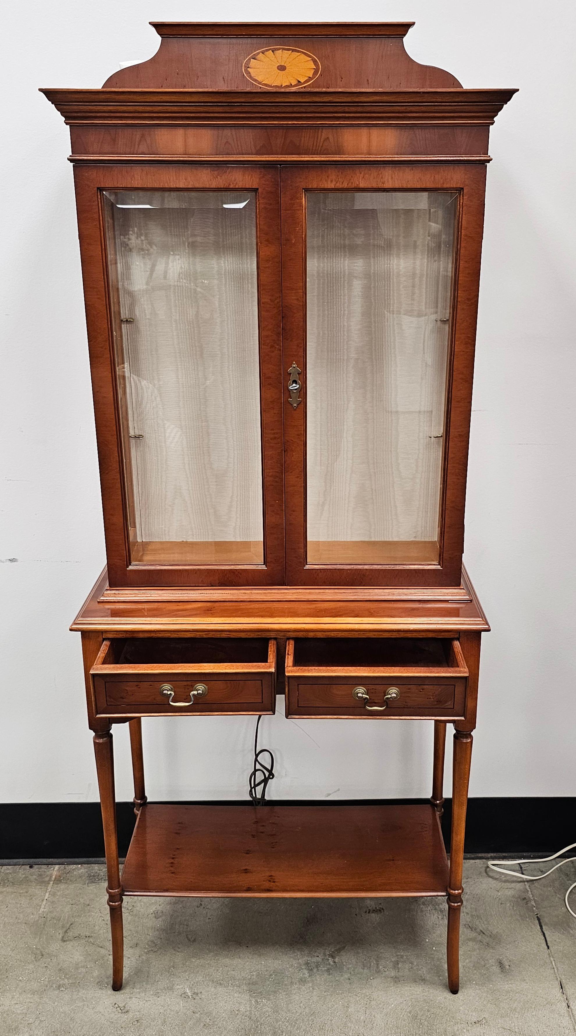 Edwardian Style Marquetry Inlaid Yew Wood  Two-Part Display Cabinet For Sale 4