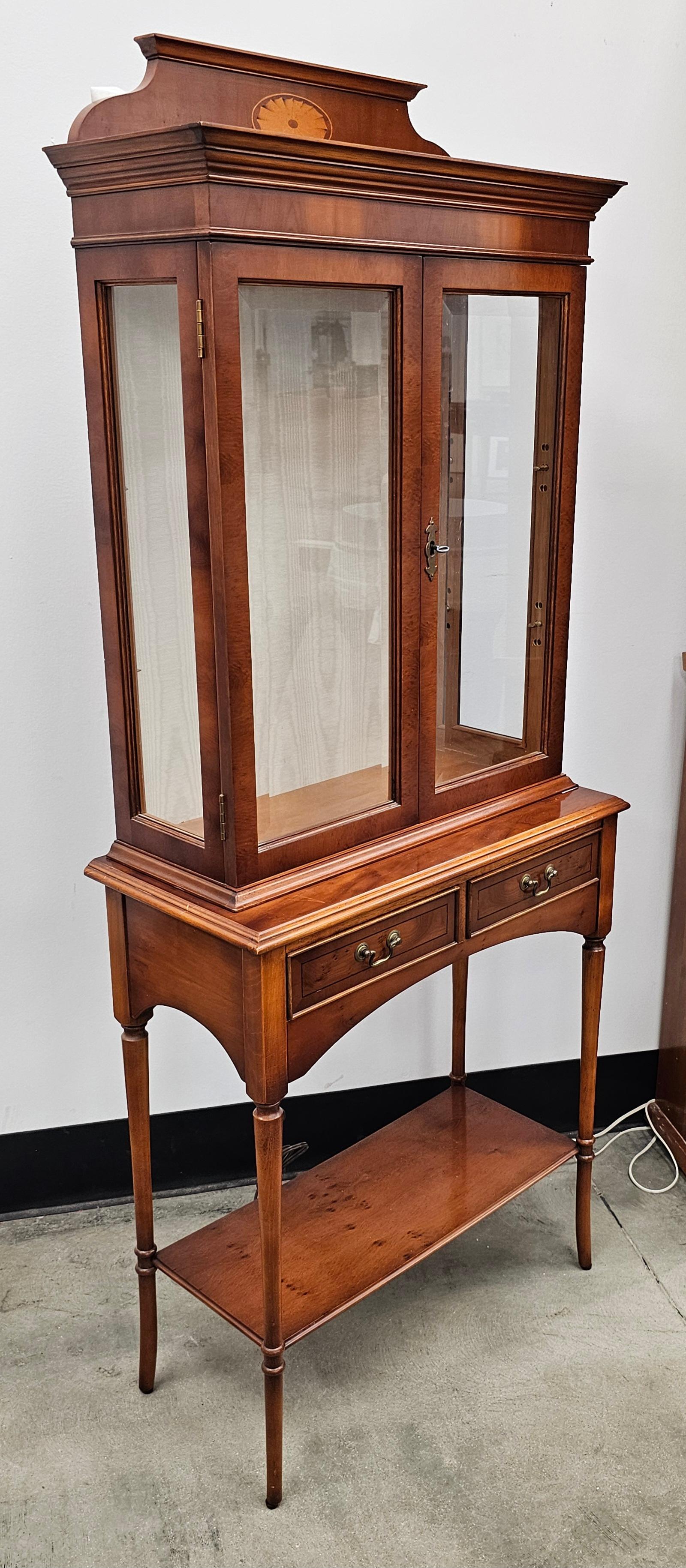 Edwardian Style Marquetry Inlaid Yew Wood  Two-Part Display Cabinet For Sale 5