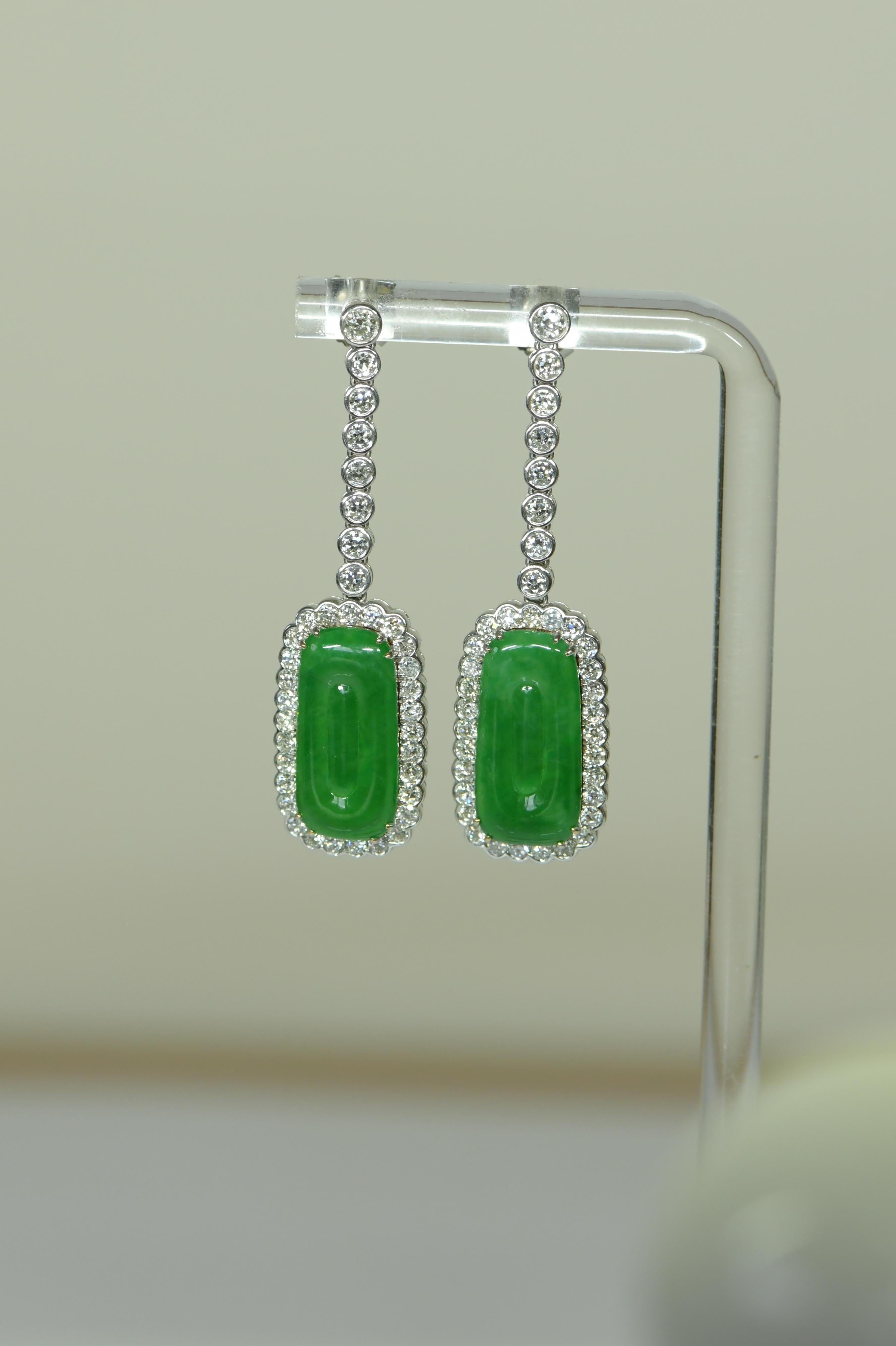 Edwardian Style Natürliche Jade Jadeit Diamant Tropfen Ohrringe (Rundschliff) im Angebot