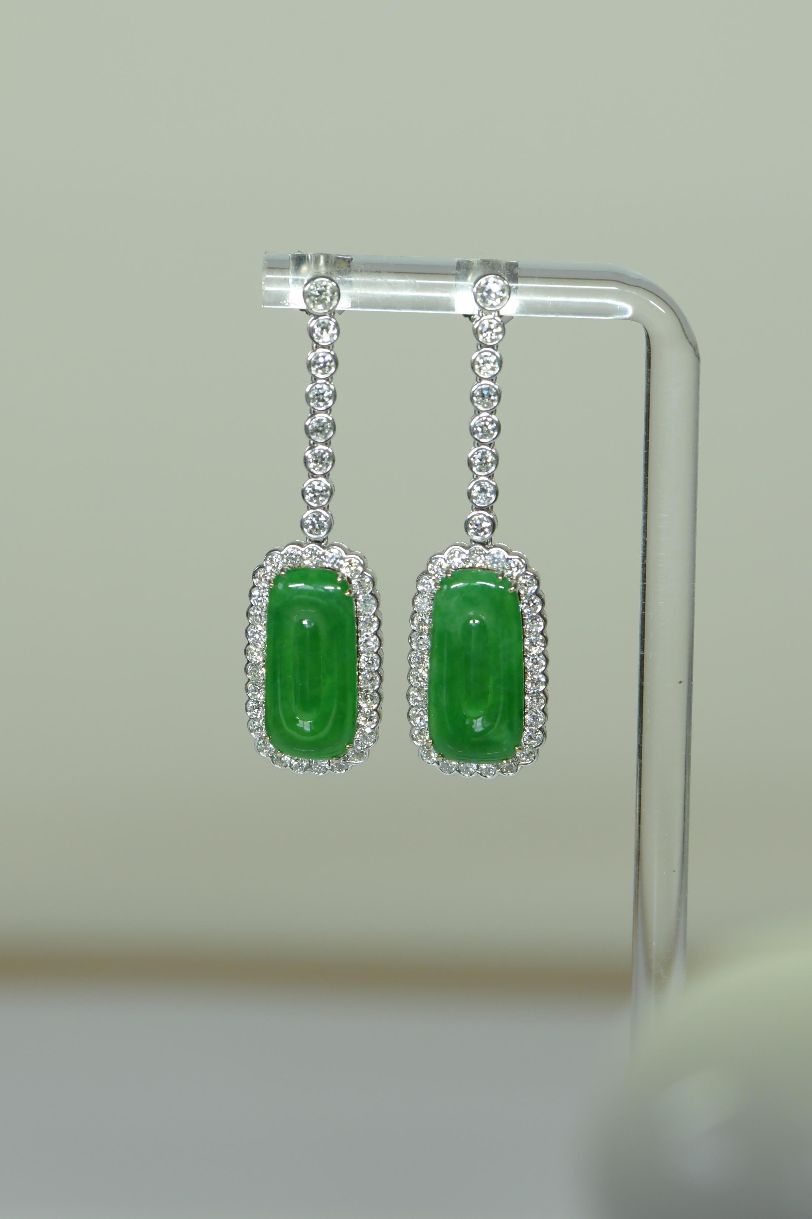 Round Cut Edwardian Style Natural Jade Jadeite Diamond Drop Earrings For Sale