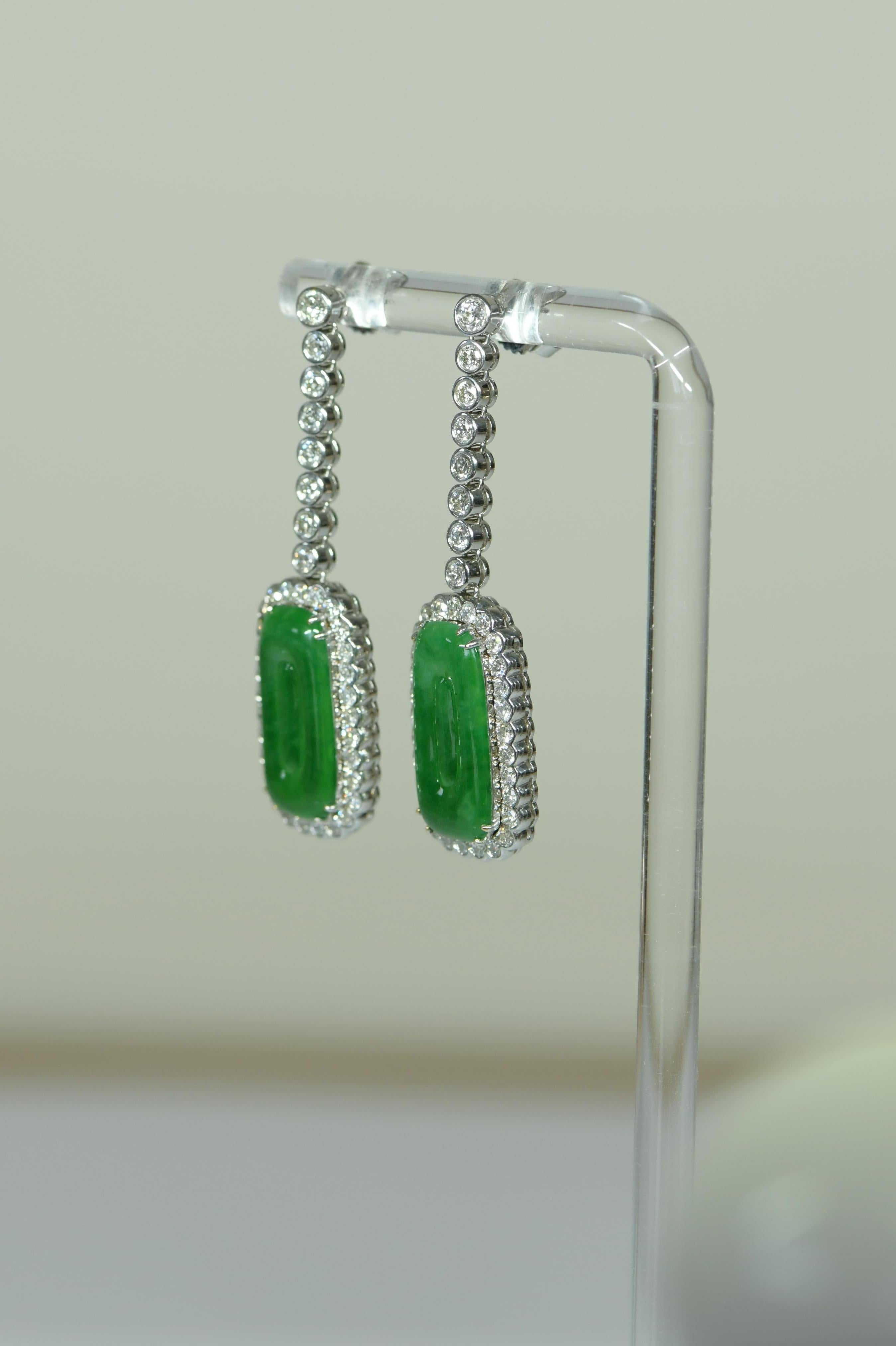 Women's or Men's Edwardian Style Natural Jade Jadeite Diamond Drop Earrings For Sale