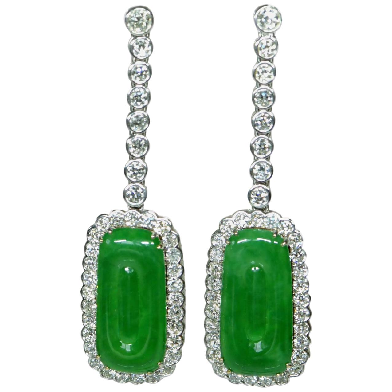 Edwardian Style Natural Jade Jadeite Diamond Drop Earrings For Sale