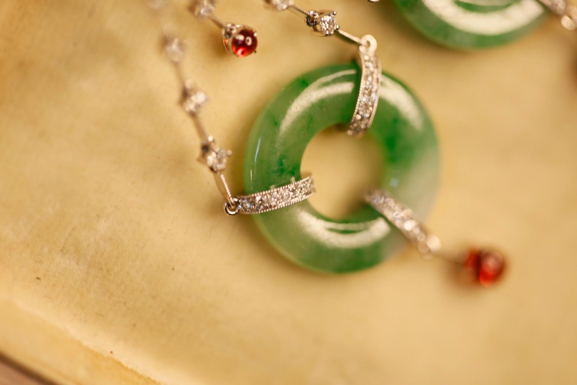 Women's Edwardian Style Natural Jadeite 18 Karat White Gold, Diamond and Spinel Earrings