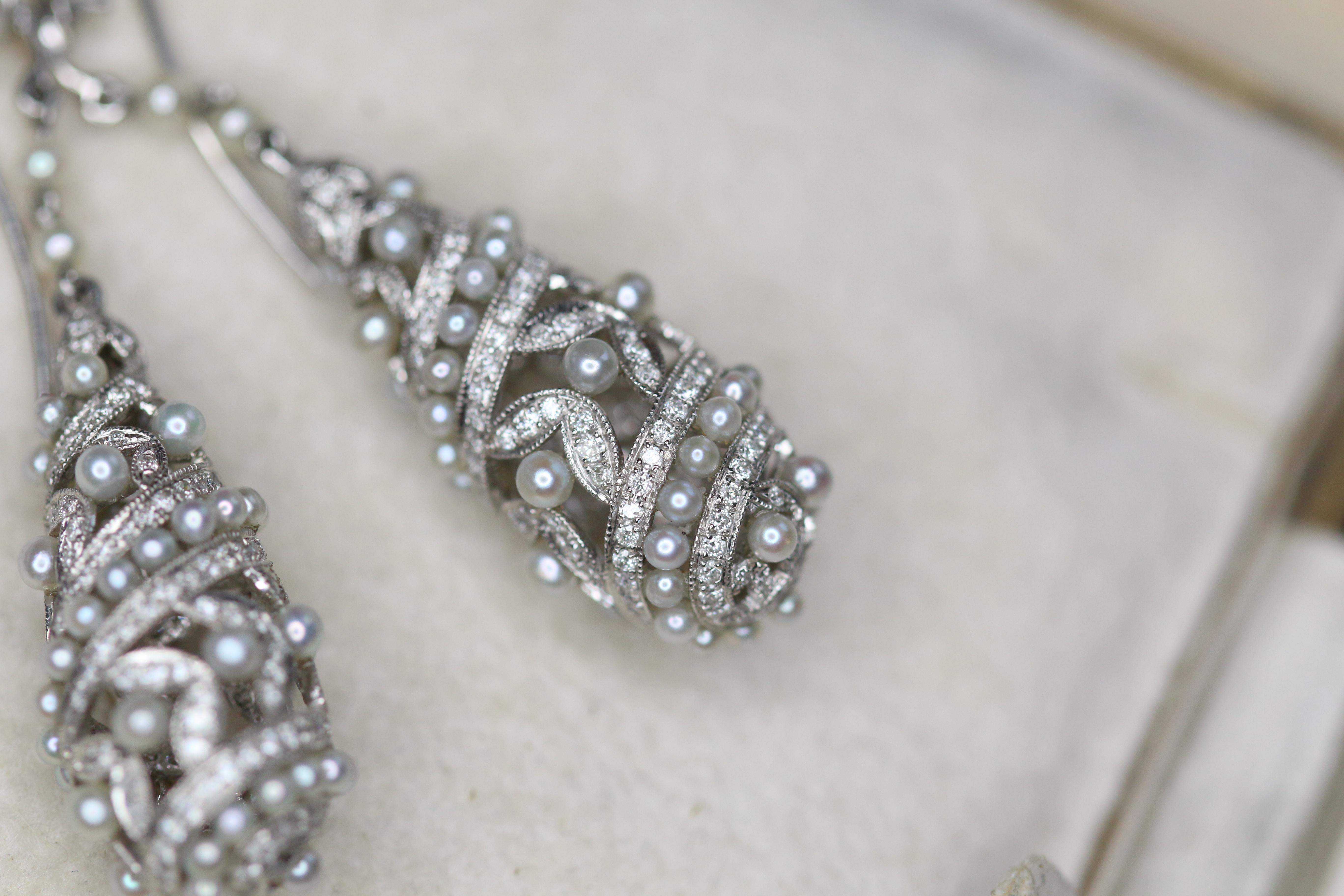 Edwardian Style Natural Pearl Diamond Drop Earrings 4