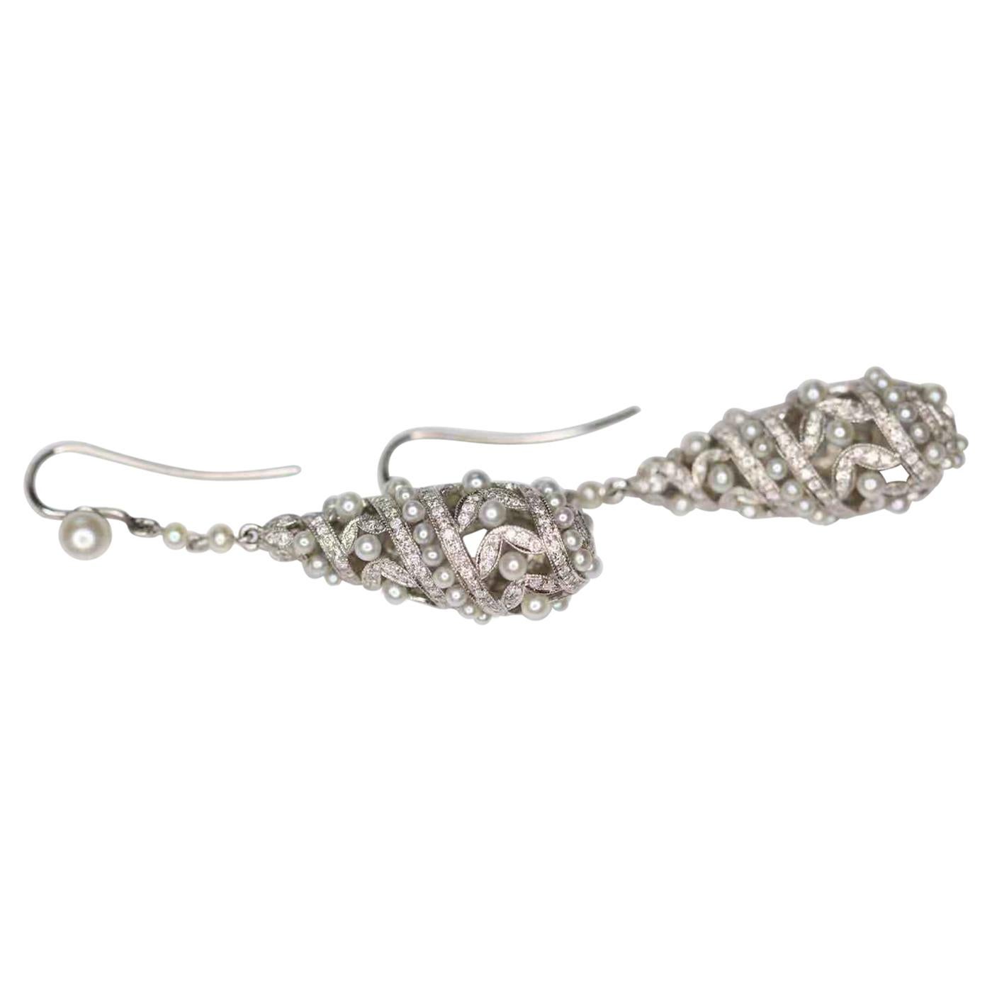 Edwardian Style Natural Pearl Diamond Drop Earrings