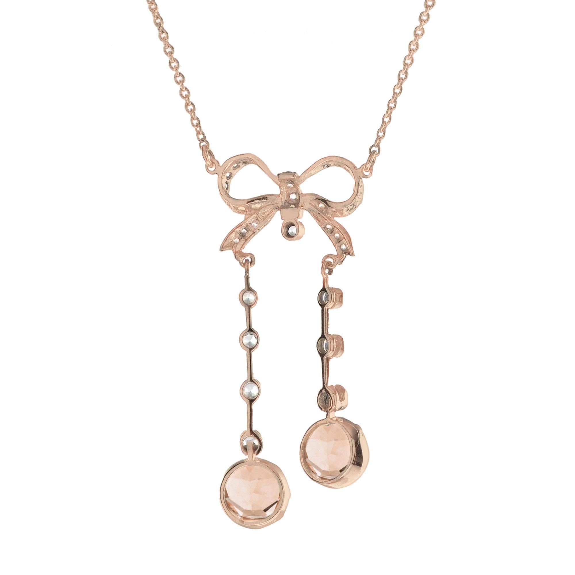 Round Cut Edwardian Style Peach Orange Morganite Diamond Bow Drop Rose Gold Necklace For Sale