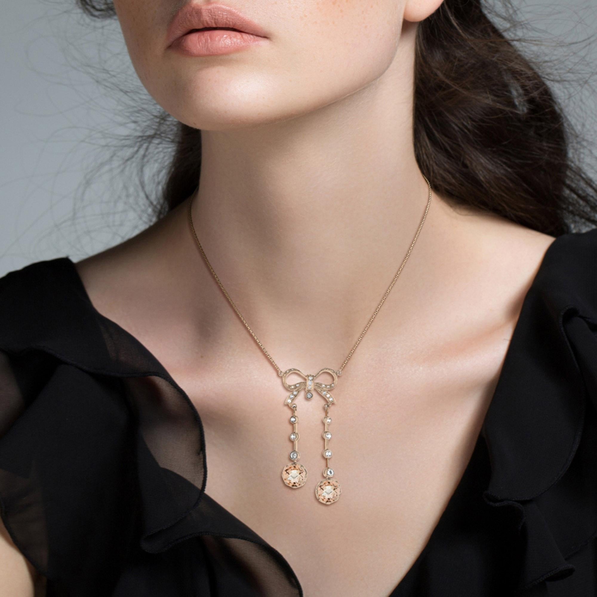 Women's Edwardian Style Peach Orange Morganite Diamond Bow Drop Rose Gold Necklace For Sale