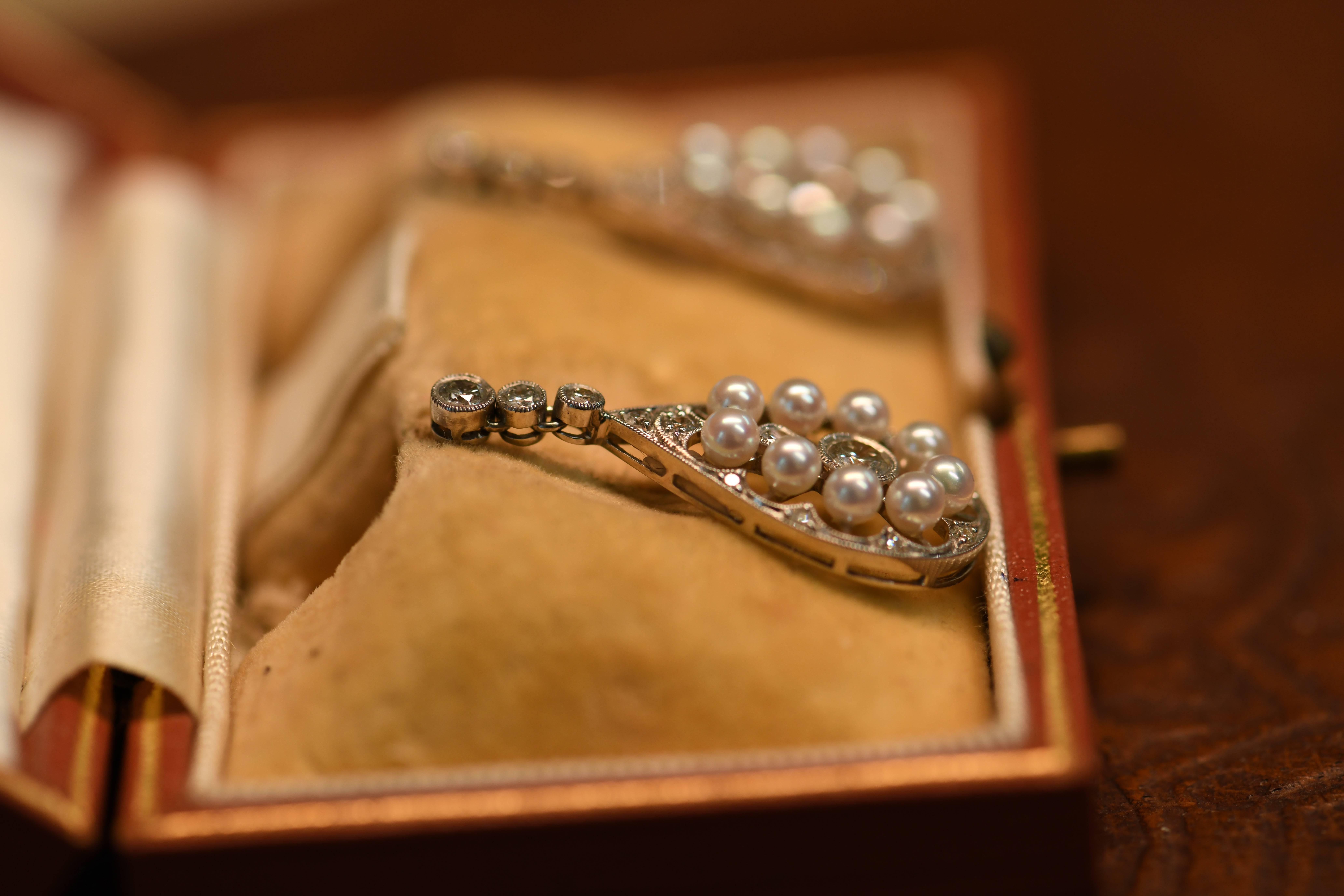 Women's Edwardian Style Pearl and Diamond 18 Karat White Gold Earrings