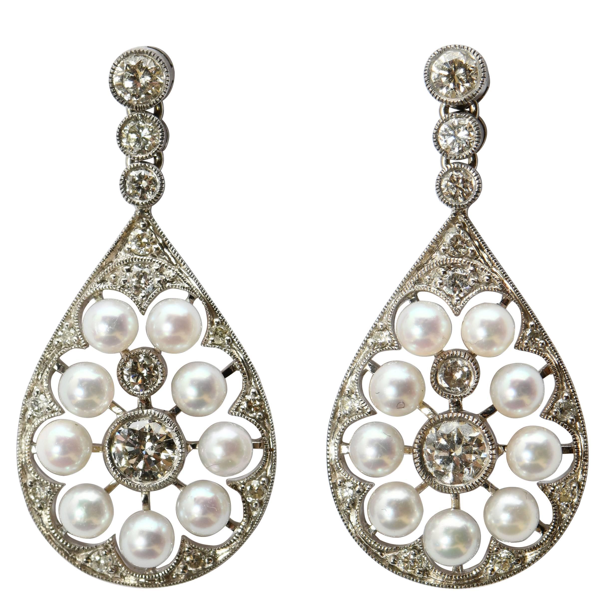 Edwardian Style Pearl and Diamond 18 Karat White Gold Earrings