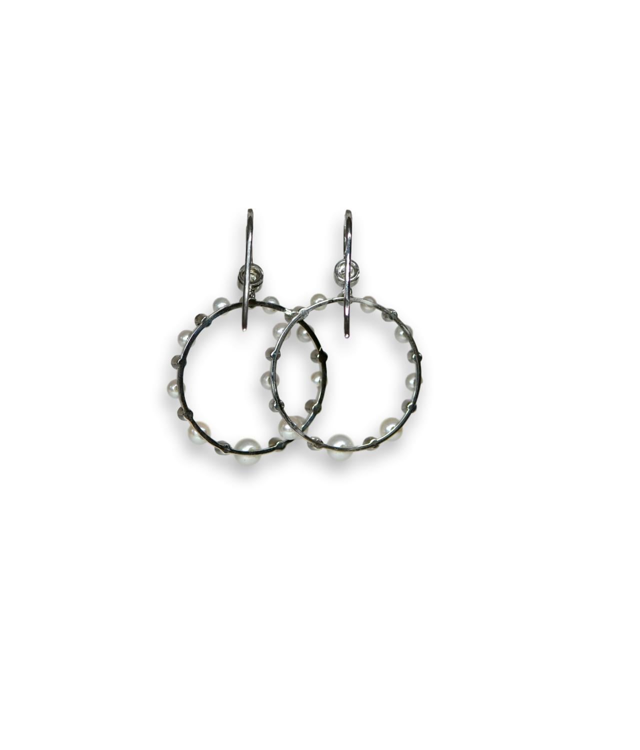 Round Cut Edwardian Style Pearl and Diamond Hoop 18 Karat White Gold Earrings