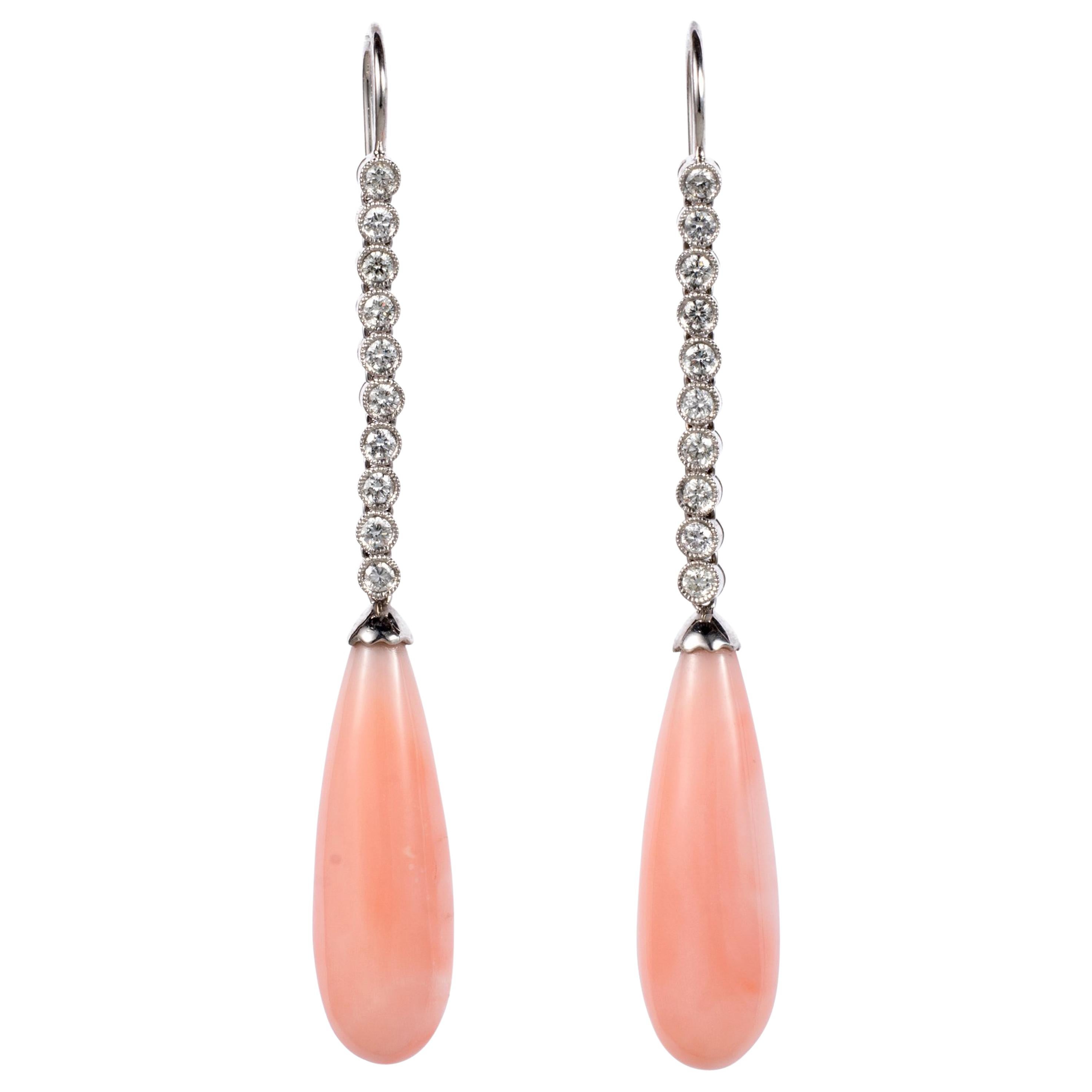 Edwardian Style Pink Coral and Diamond 18 Karat White Gold Earrings