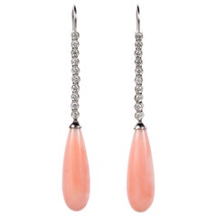 Edwardian Style Pink Coral and Diamond 18 Karat White Gold Earrings