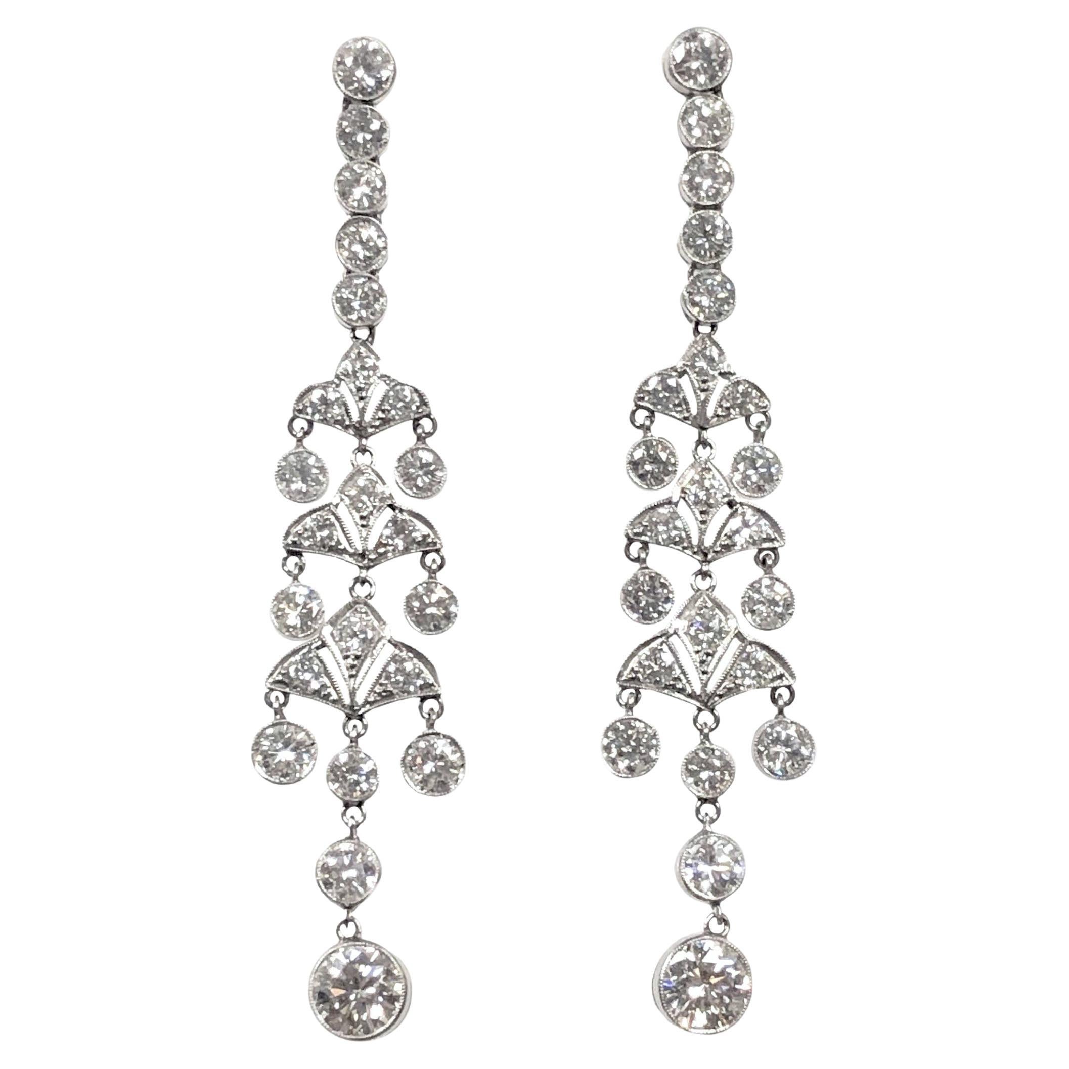 Edwardian Style Platinum and Diamond Chandelier Long Dangle Earrings For Sale