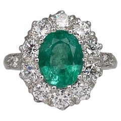 Edwardian Style Platinum Emerald Diamond Cluster Ring