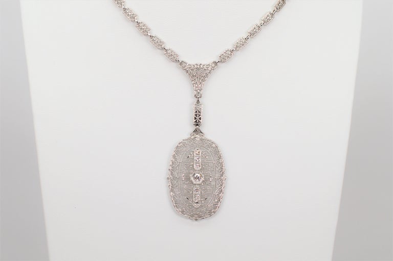 Round Cut Edwardian Style Platinum White Gold Portrait Pendant Necklace w Diamond Accents For Sale