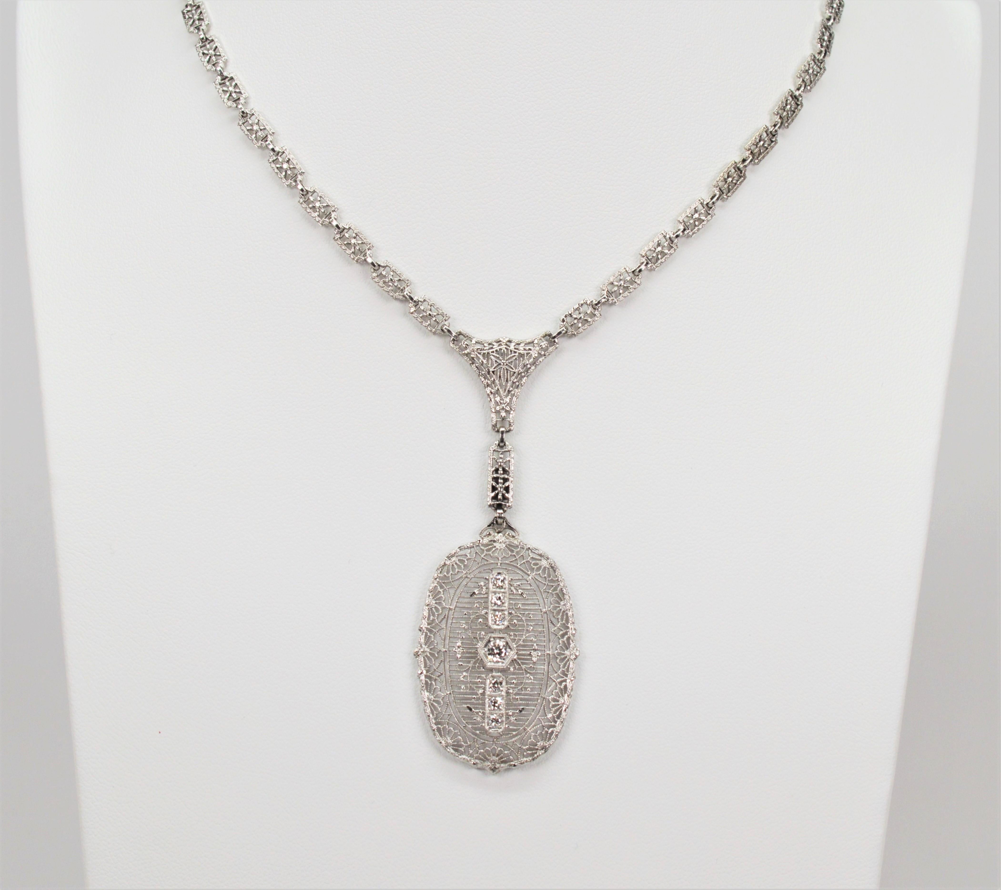 Edwardian Style Platinum White Gold Portrait Pendant Necklace w Diamond Accents In Excellent Condition For Sale In Mount Kisco, NY