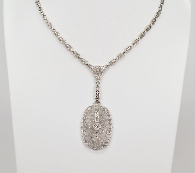 Women's Edwardian Style Platinum White Gold Portrait Pendant Necklace w Diamond Accents For Sale
