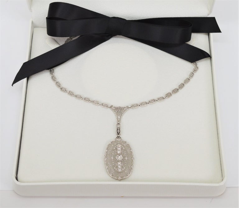 Edwardian Style Platinum White Gold Portrait Pendant Necklace w Diamond Accents For Sale 4