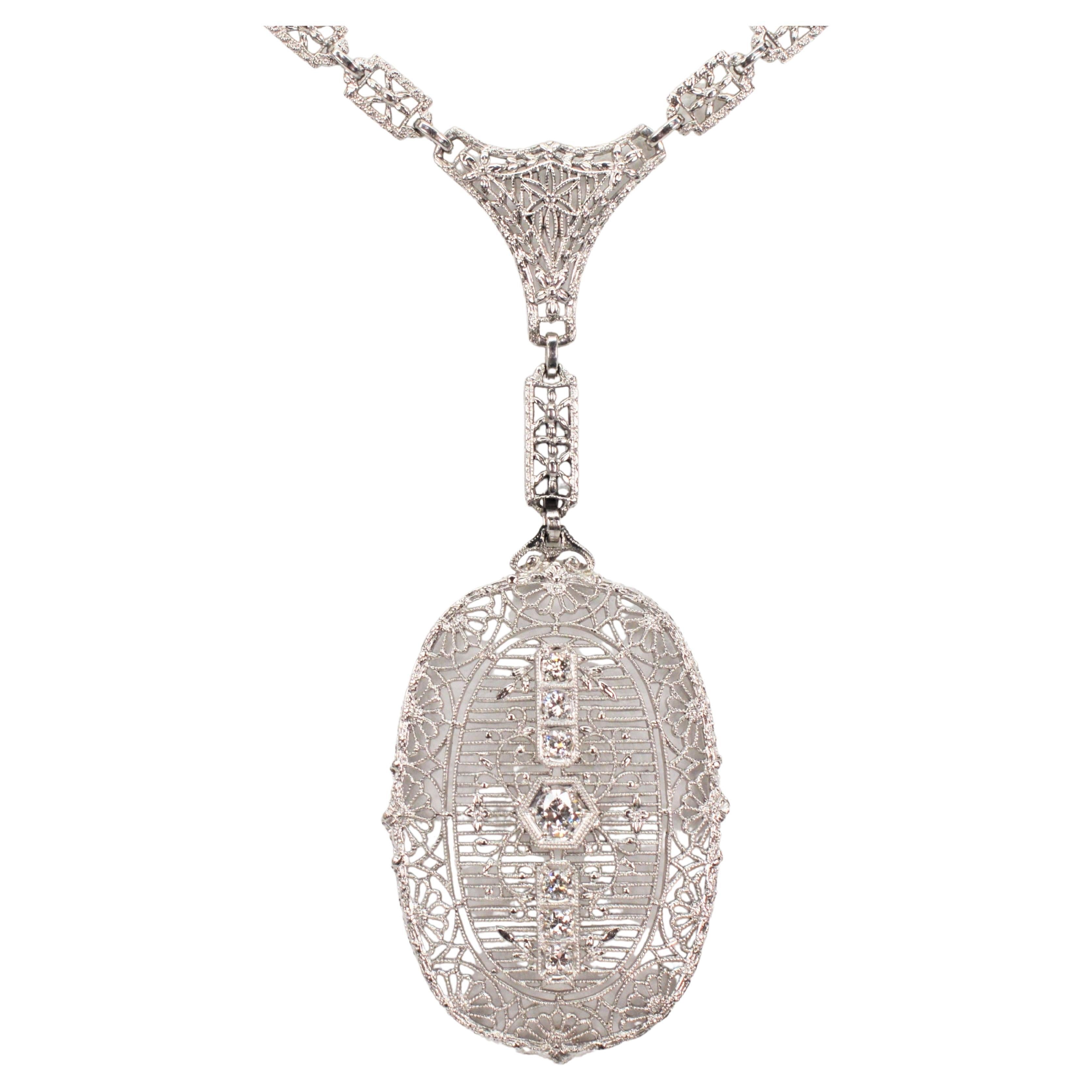 Edwardian Style Platinum White Gold Portrait Pendant Necklace w Diamond Accents