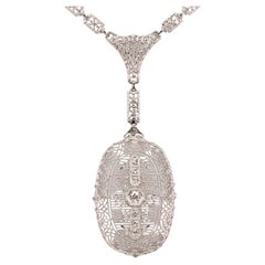 Edwardian Style Platinum White Gold Portrait Pendant Necklace w Diamond Accents