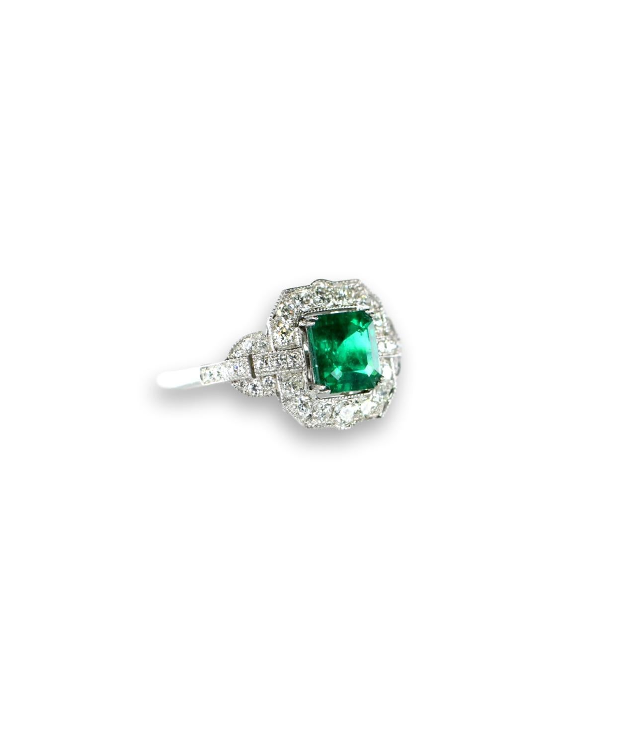 Emerald Cut Edwardian Style Rare AGL Certified No Oil Colombian Emerald and Diamond Ring