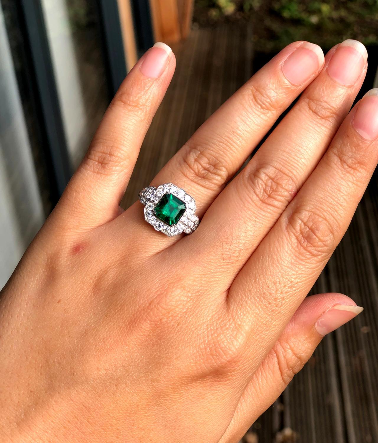 Edwardian Style Rare AGL Certified No Oil Colombian Emerald and Diamond Ring 2