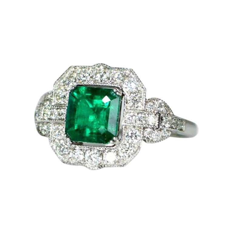 Edwardian Style Rare AGL Certified No Oil Colombian Emerald and Diamond Ring