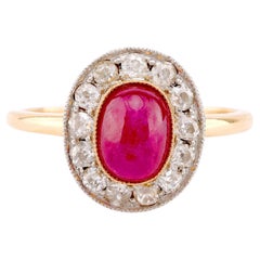 Antique Edwardian Style Ruby Diamond 18K Yellow Gold Cluster Ring