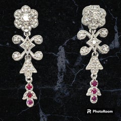 18ct Edwardian Style Ruby Diamond Drop Dangle Stud Earrings Flower Clusters