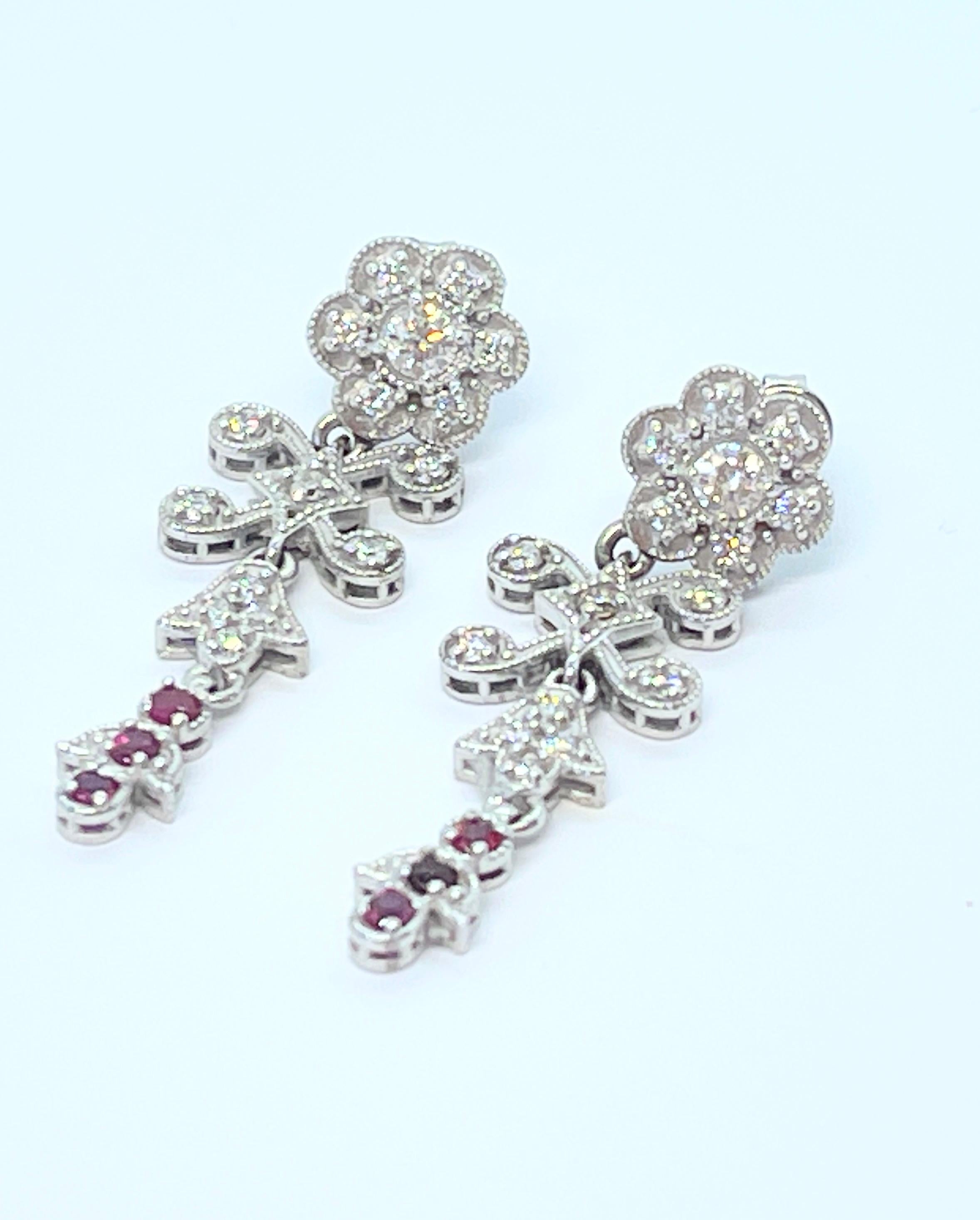 Round Cut 18ct Edwardian Style Ruby Diamond Drop Dangle Stud Earrings Flower Clusters  For Sale